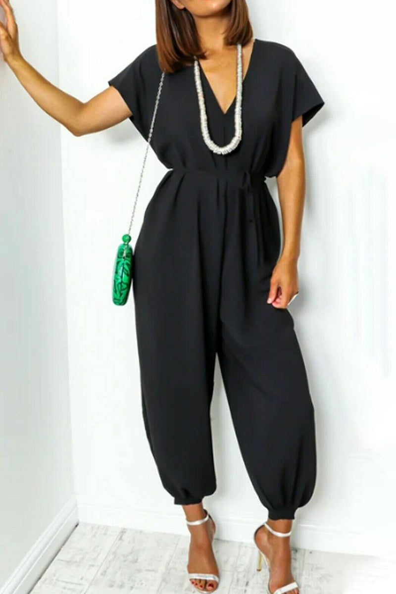 Casual Simplicity-solid-frill-in-neck-loose-jumpsuits (11 kleuren)