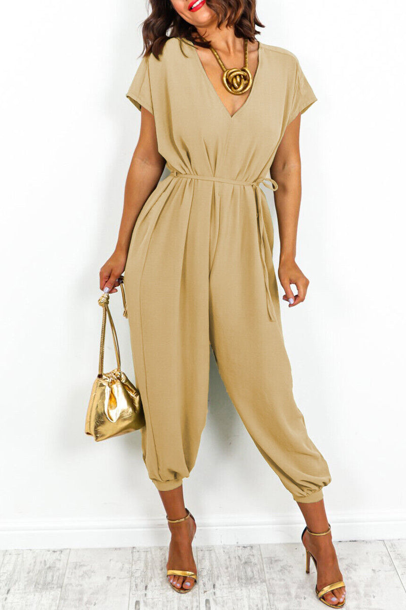 Casual Simplicity-solid-frill-in-neck-loose-jumpsuits (11 kleuren)