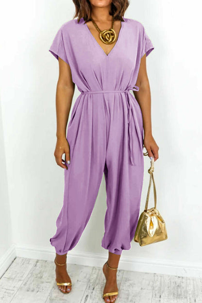 Casual Simplicity-solid-frill-in-neck-loose-jumpsuits (11 kleuren)