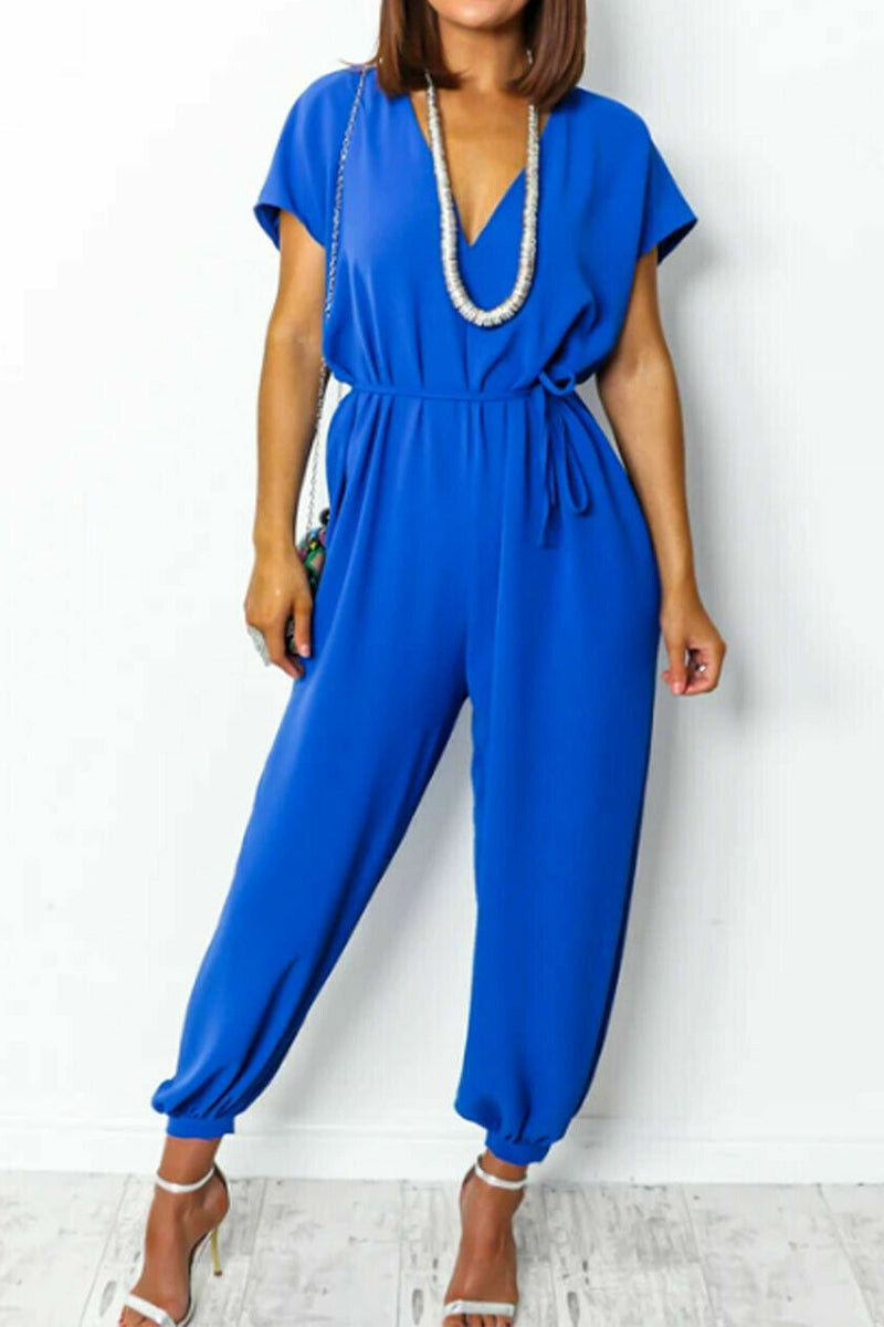 Casual Simplicity-solid-frill-in-neck-loose-jumpsuits (11 kleuren)