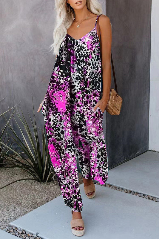 Casual Street Print Pocket V-hals Losjes vallende jumpsuits