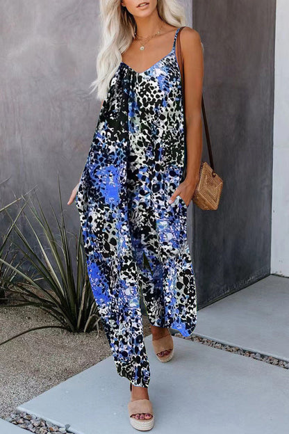 Casual Street Print Pocket V-hals Losjes vallende jumpsuits