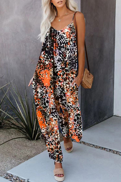 Casual Street Print Pocket V-hals Losjes vallende jumpsuits