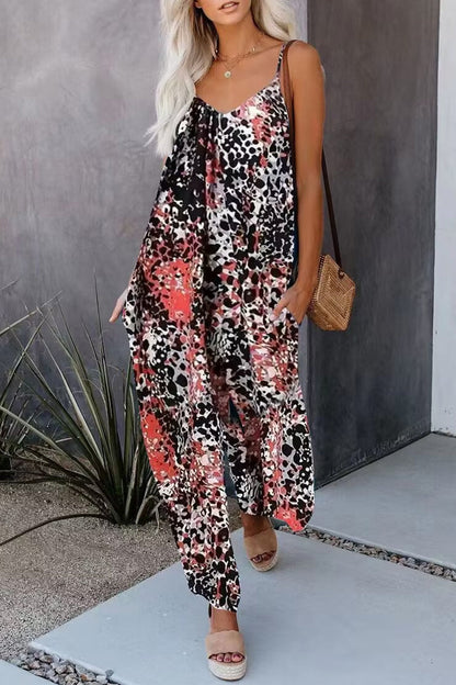 Casual Street Print Pocket V-hals Losjes vallende jumpsuits