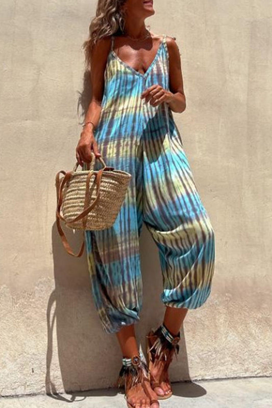 college print pocket v-hals losse jumpsuits met halszak