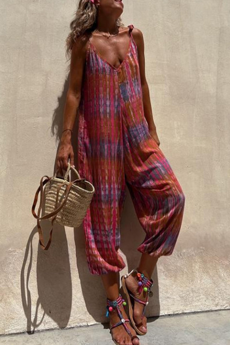 college print pocket v-hals losse jumpsuits met halszak