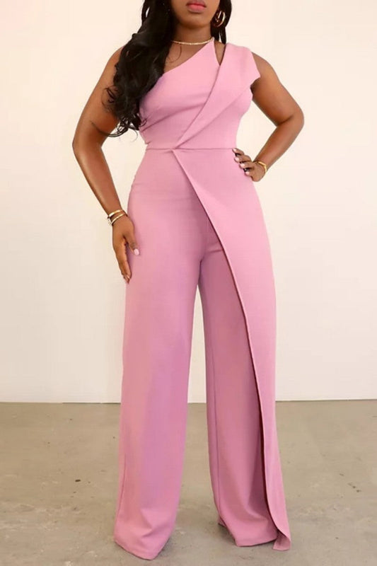 Casual Solid Patchwork Backless Bias Collar Regular Jumpsuits (Casual Solid Backless Bias Collar Jumpsuits) - zonder riem