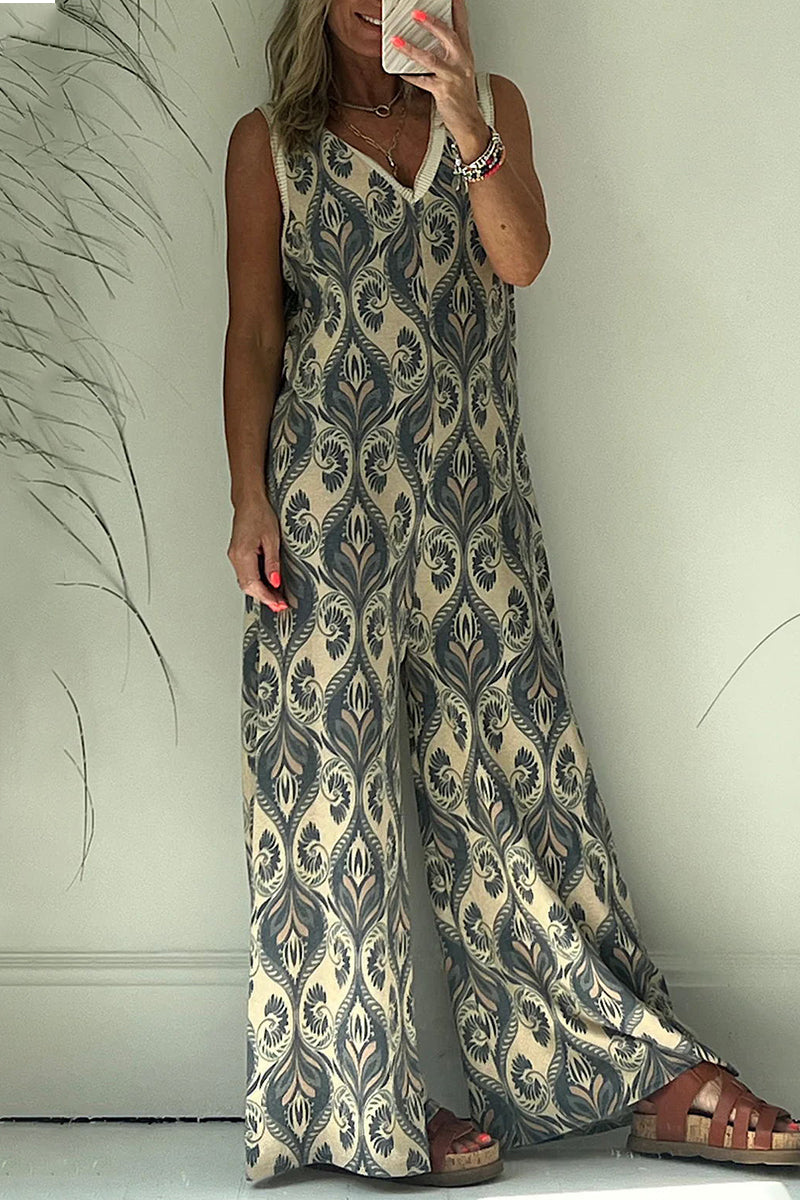 college geometrische-print v-hals loszittende jumpsuits