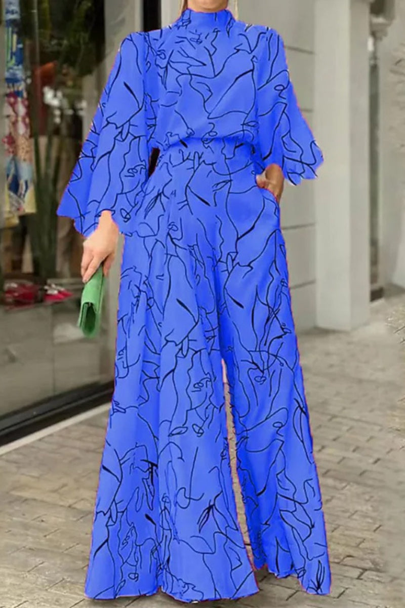 Casual Print Patchwork Half A Turtleneck Sweater Regular Jumpsuits (looseaspberry print)