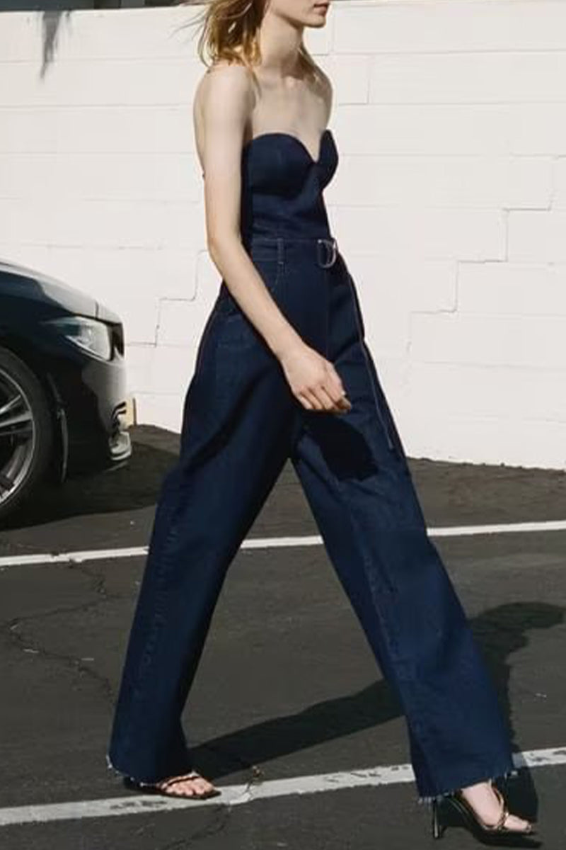 Casual-solid-bag met riem strapless-denim-jumpsuits zonder mouwen