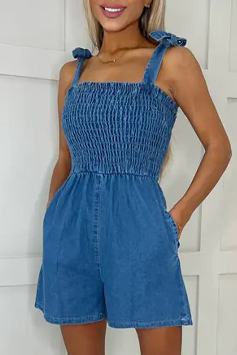 Effen mouwloze denim jumpsuit met vierkante kraag en losse mouwen
