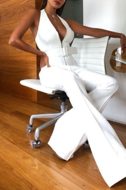 Casual effen kleur rugloos met lint halter Skinny jumpsuits