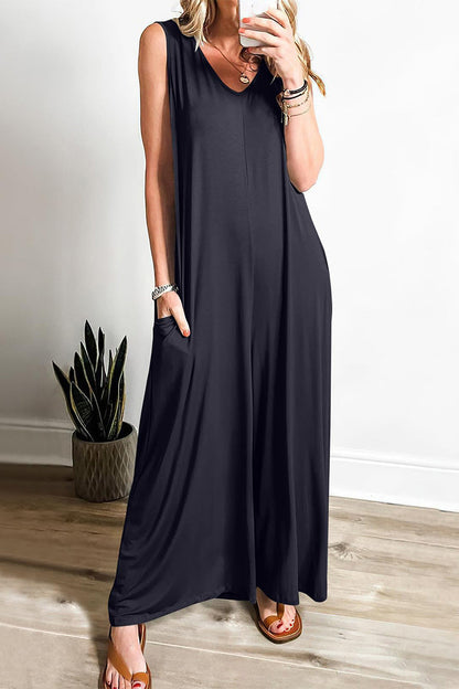 Eenvoudige stevige zak V-hals los jumpsuit