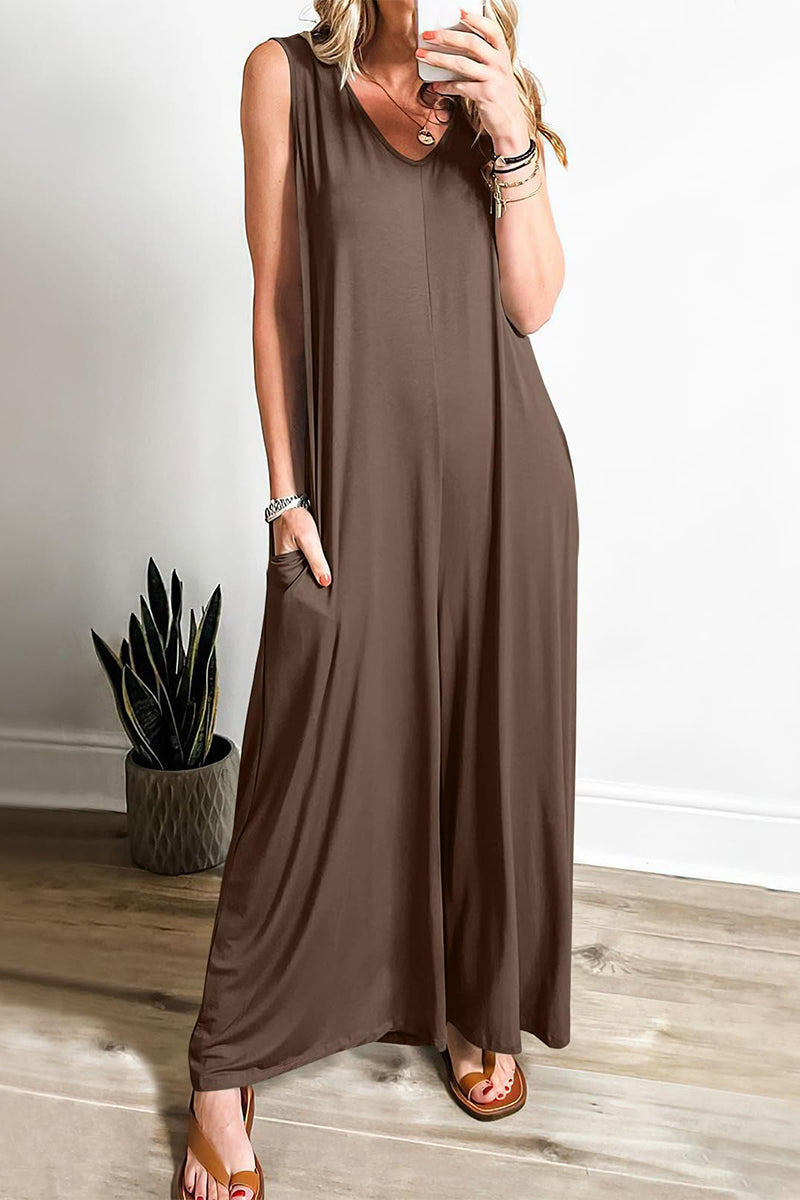 Eenvoudige stevige zak V-hals los jumpsuit