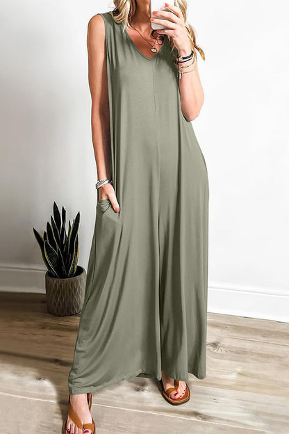 Eenvoudige stevige zak V-hals los jumpsuit