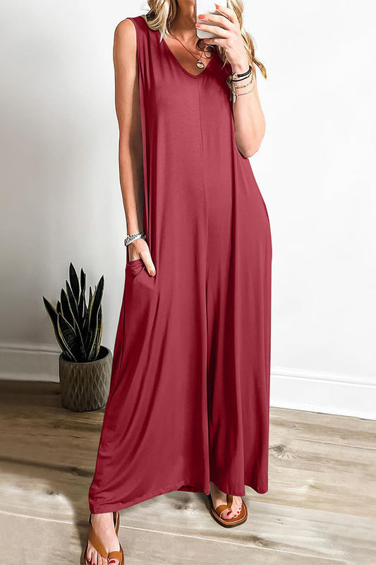 Eenvoudige stevige zak V-hals los jumpsuit