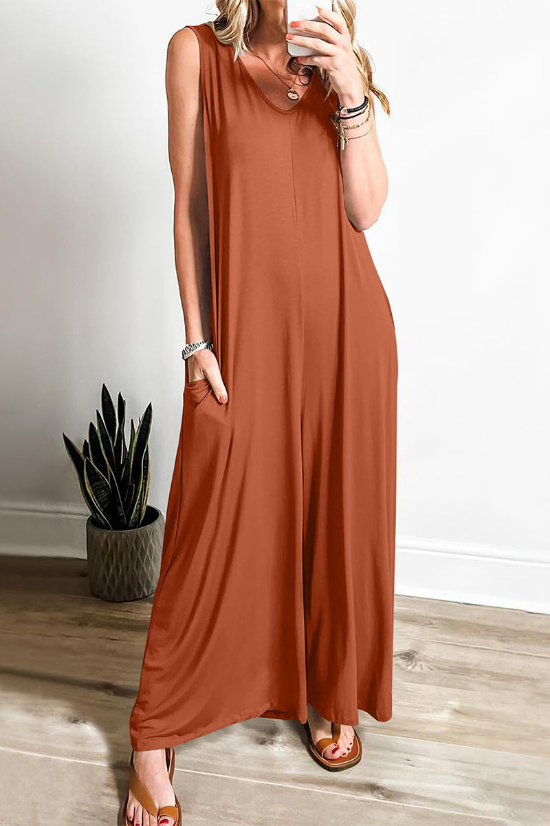 Eenvoudige stevige zak V-hals los jumpsuit