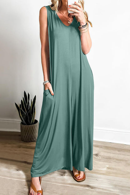 Eenvoudige stevige zak V-hals los jumpsuit