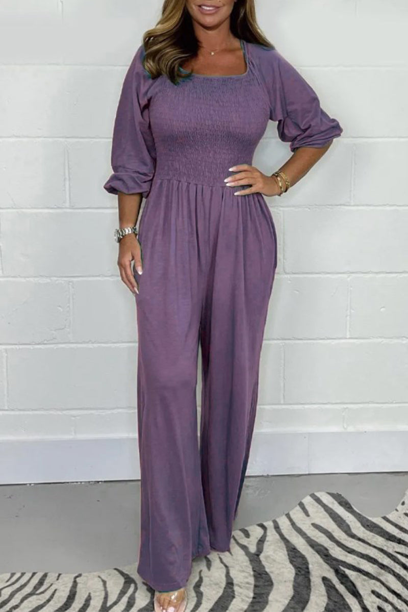 Casual Effen Plooien Vierkante-Kraag Losvallende Jumpsuits