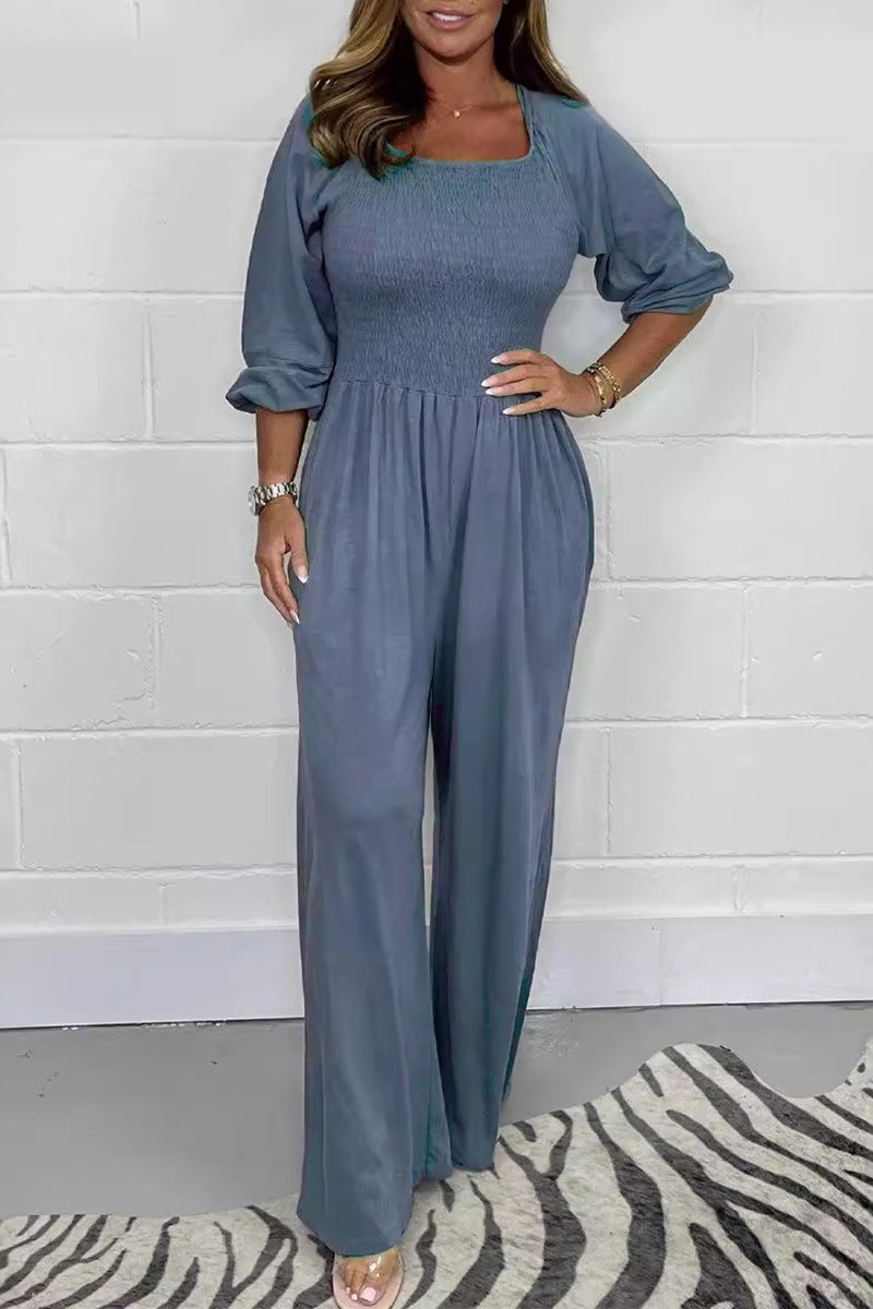 Casual Effen Plooien Vierkante-Kraag Losvallende Jumpsuits
