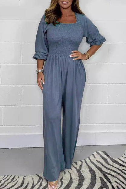 Casual Effen Plooien Vierkante-Kraag Losvallende Jumpsuits