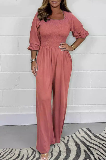 Casual Effen Plooien Vierkante-Kraag Losvallende Jumpsuits