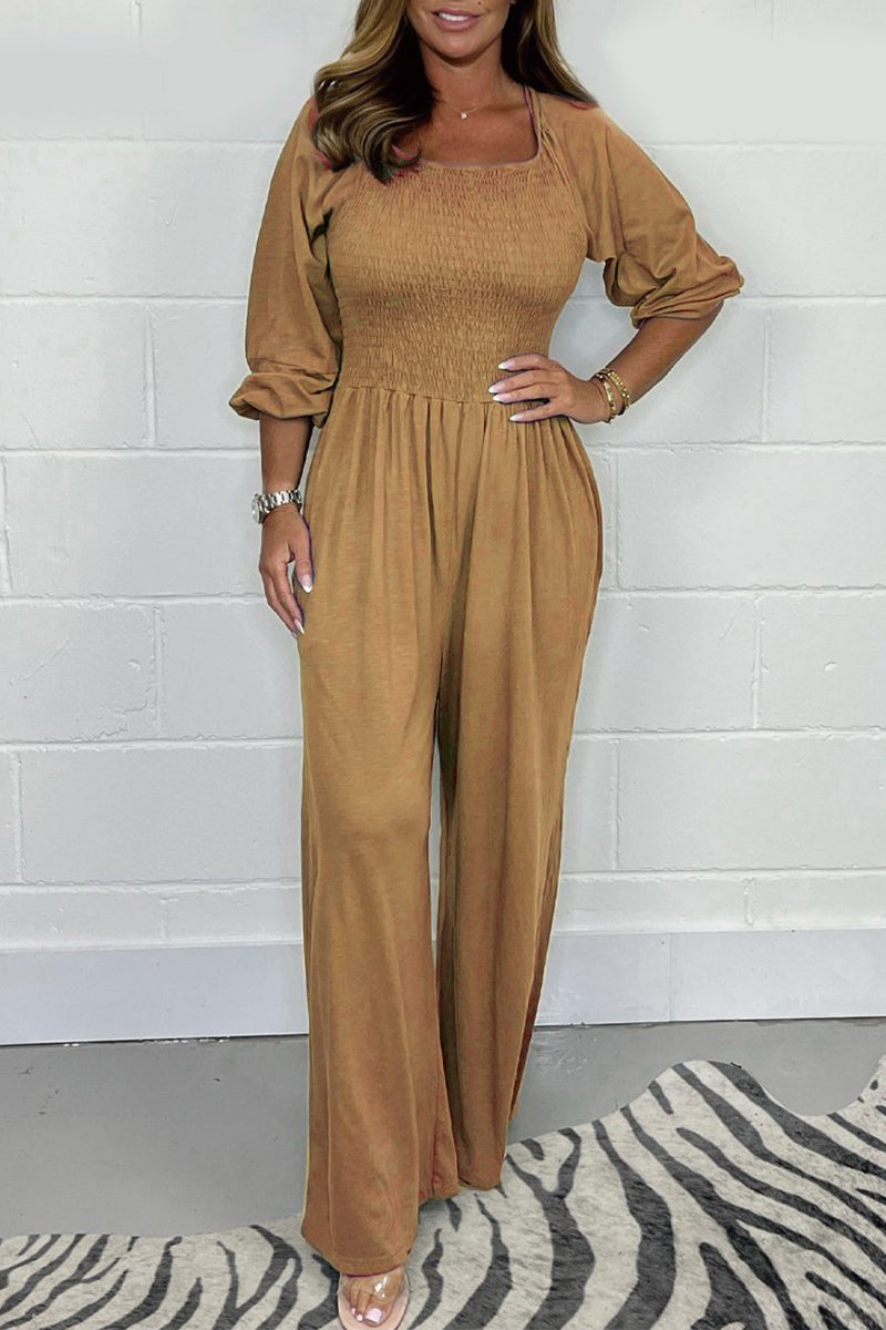 Casual Effen Plooien Vierkante-Kraag Losvallende Jumpsuits