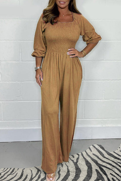 Casual Effen Plooien Vierkante-Kraag Losvallende Jumpsuits