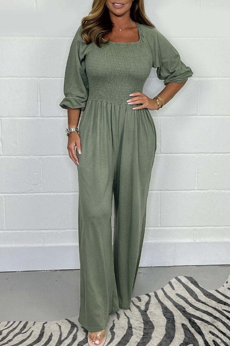 Casual Effen Plooien Vierkante-Kraag Losvallende Jumpsuits