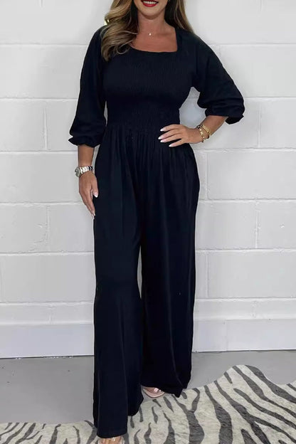 Casual Effen Plooien Vierkante-Kraag Losvallende Jumpsuits
