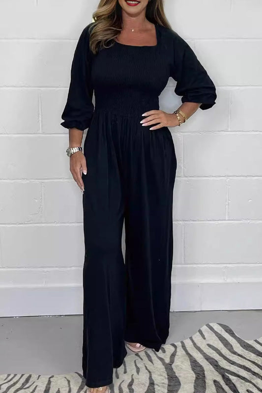 Casual Effen Plooien Vierkante-Kraag Losvallende Jumpsuits