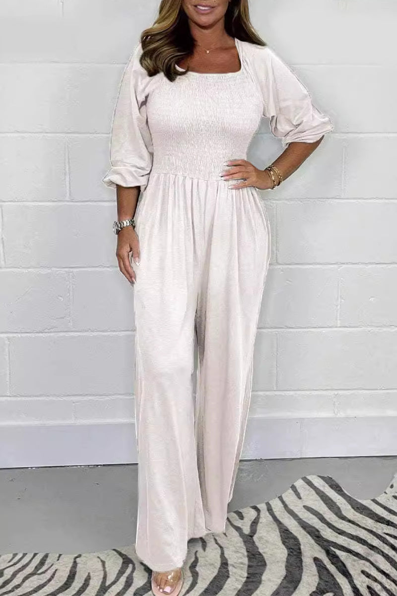 Casual Effen Plooien Vierkante-Kraag Losvallende Jumpsuits
