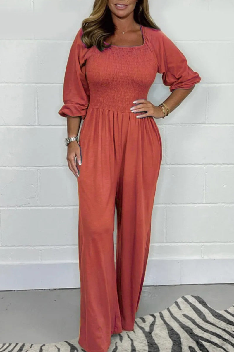 Casual Effen Plooien Vierkante-Kraag Losvallende Jumpsuits