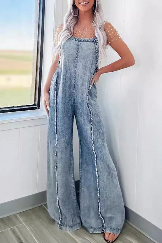 Casual Street Solid Patchwork Rugloos Vierkant-kraag Mouwloze Losse Denim Jumpsuits (Mouwloze Jumpsuit)