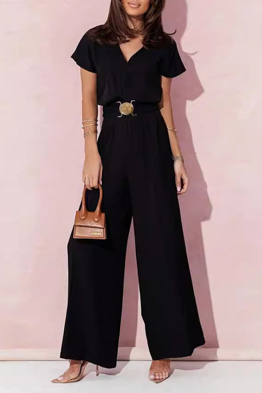 Casual V-hals jumpsuits met metalen accessoires (4 kleuren)