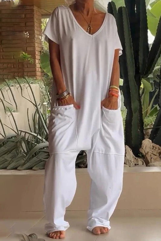 Casual everyday solid color losvallende jumpsuits met zakken en hals (8 kleuren)