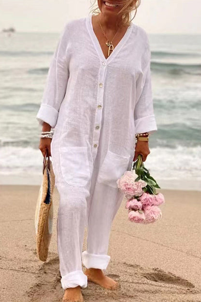 Casual effen-kleurige-knoop-zakken-in-een-hals regular jumpsuits