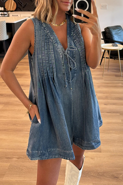 Casual Street Solid Colour Pocket Lace Up V Neck Mouwloze Losse Denim Jumpsuits