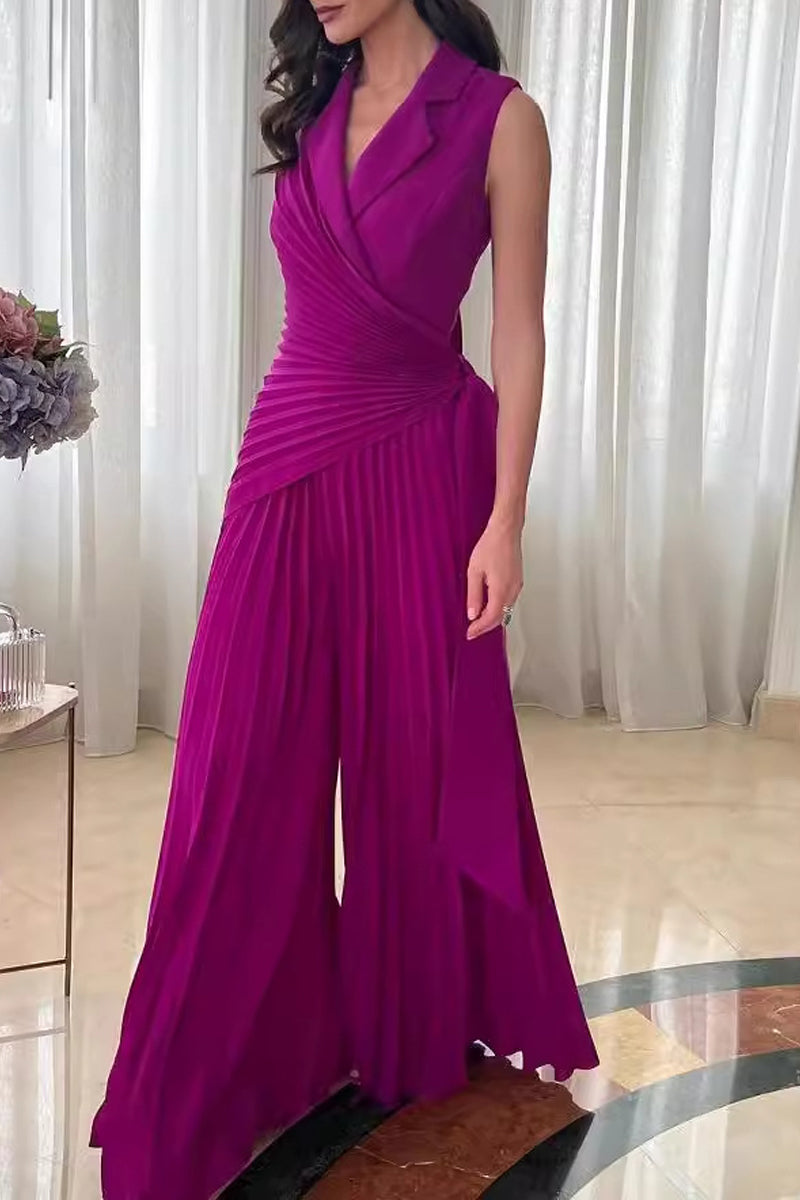 Regular Effen jumpsuits met geplooide kant en omgeslagen kraag
