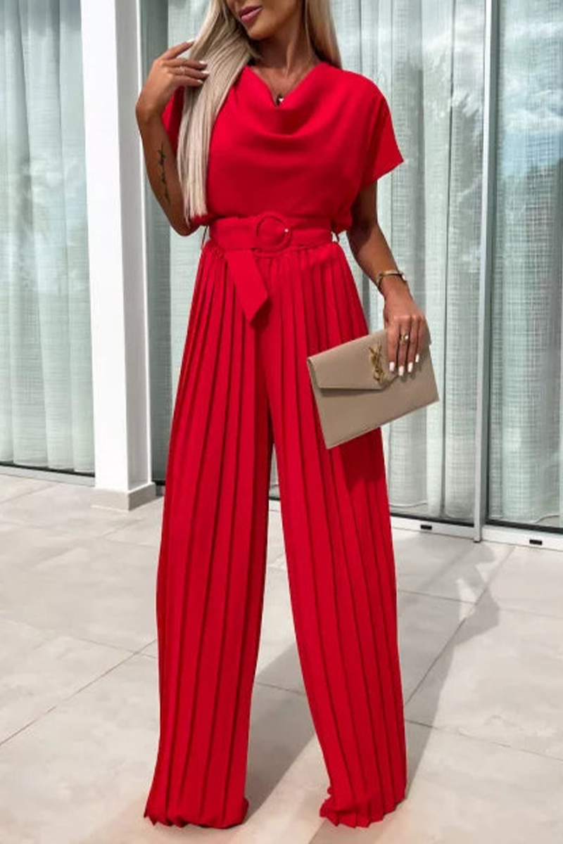 Casual effen-kleurige jumpsuits met een tailleband en een slip met een pool (3 kleuren)