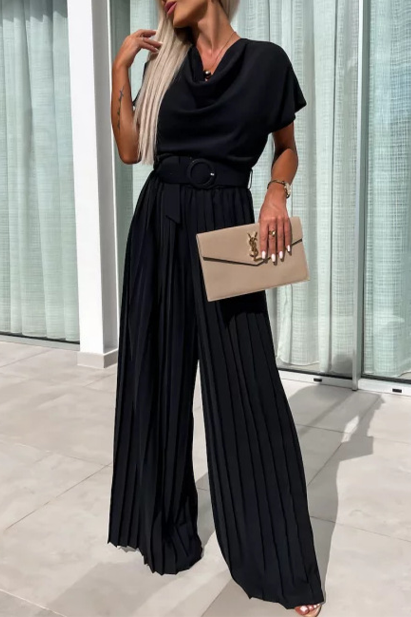 Casual effen-kleurige jumpsuits met een tailleband en een slip met een pool (3 kleuren)