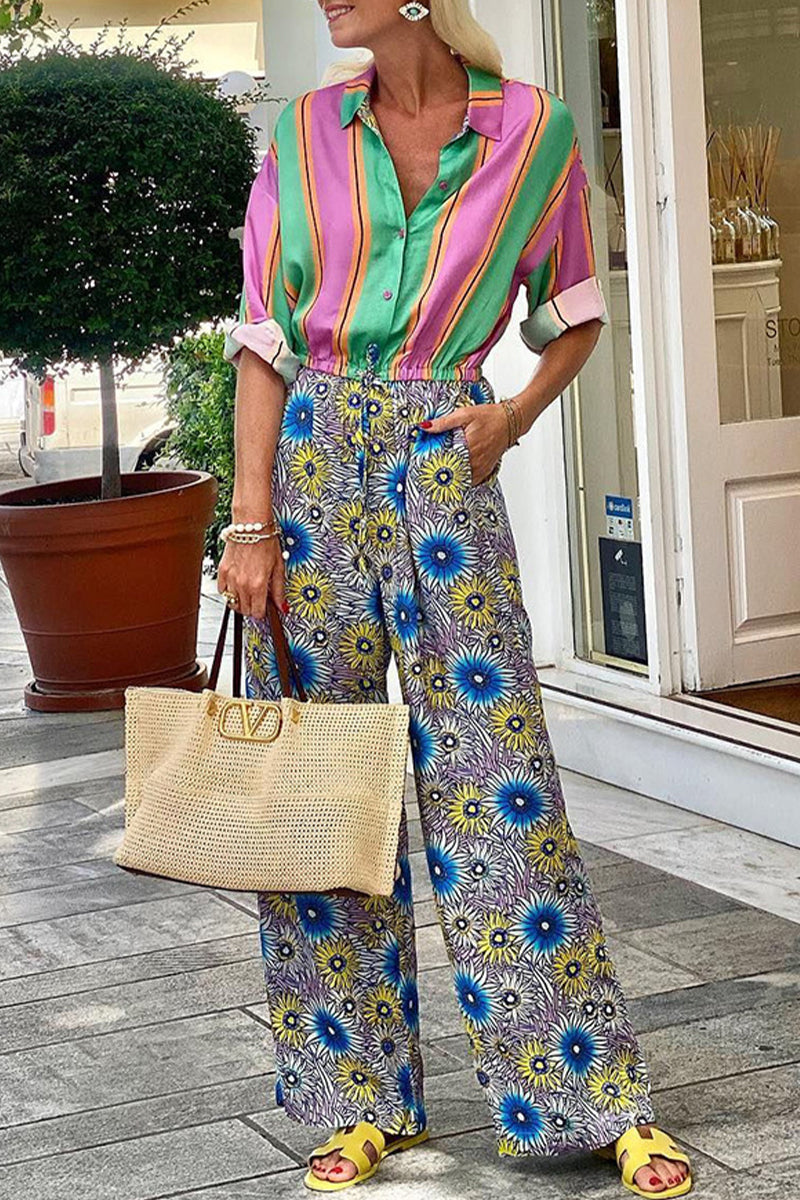Casual Straat Gestreepte Print Bloemen Zak Zij Omhoog Button-up Turn-up Kraag Los Jumpsuits