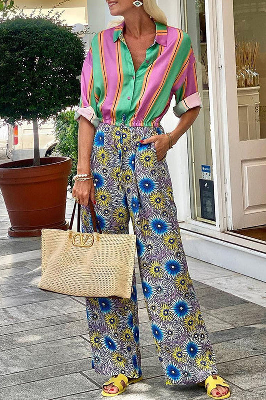 Casual Straat Gestreepte Print Bloemen Zak Zij Omhoog Button-up Turn-up Kraag Los Jumpsuits
