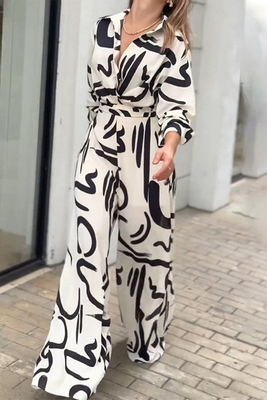 Losse jumpsuits Casual Street Geometrische print kant omhoog gedraaide kraag