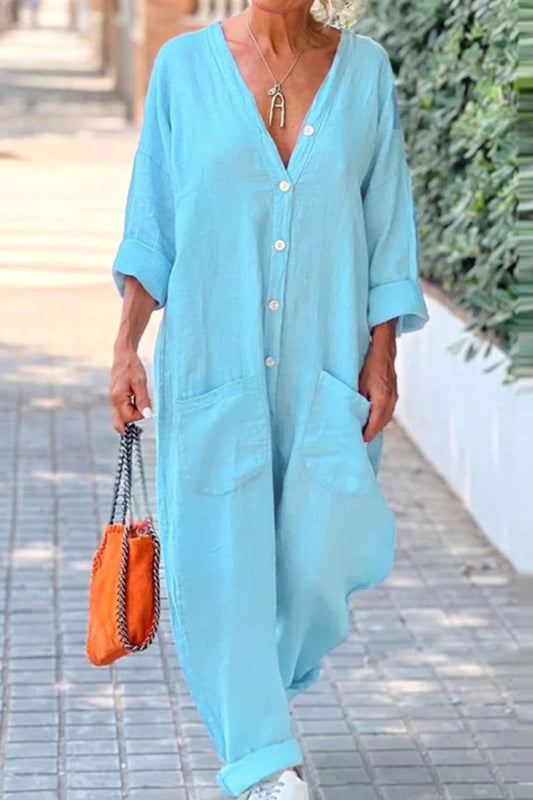 Casual effen-kleurige-knoop-zakken-in-een-hals regular jumpsuits