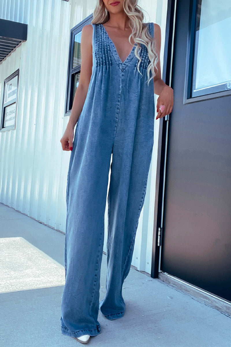 Casual Beschadigde Zak Verstelbare V Hals Los Jumpsuits