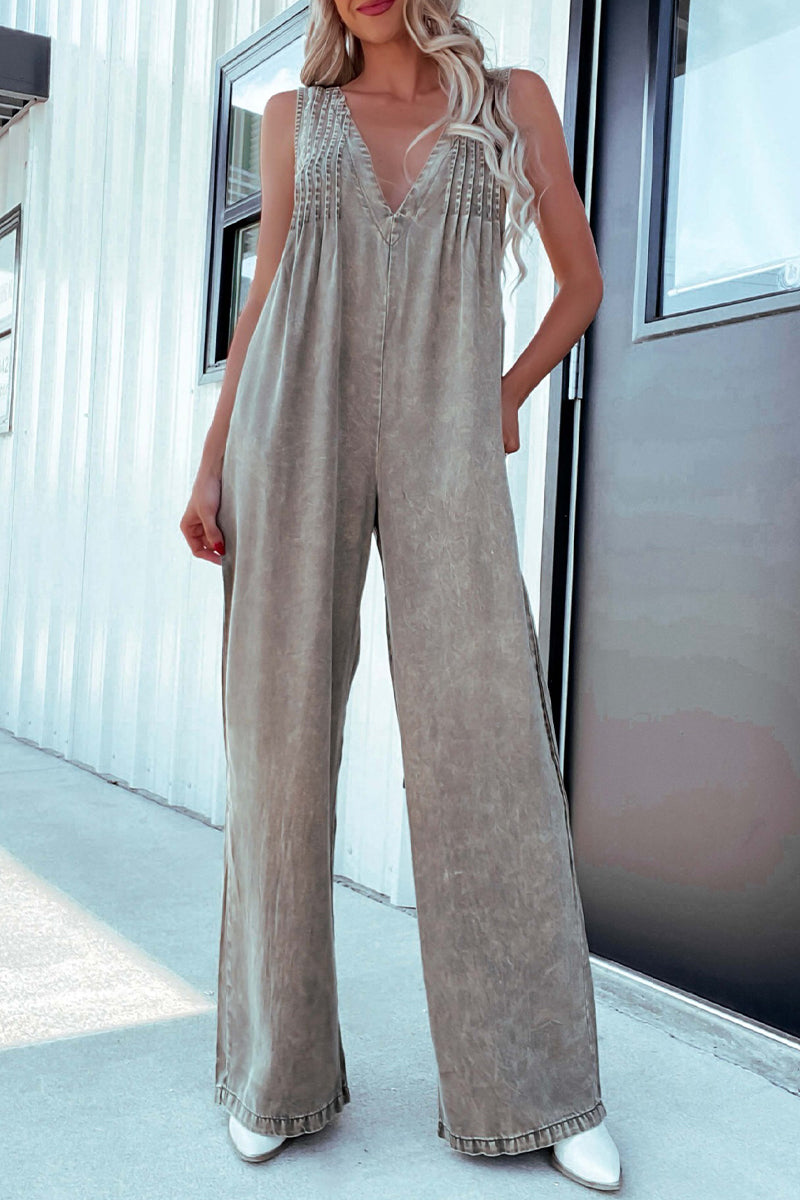Casual Beschadigde Zak Verstelbare V Hals Los Jumpsuits
