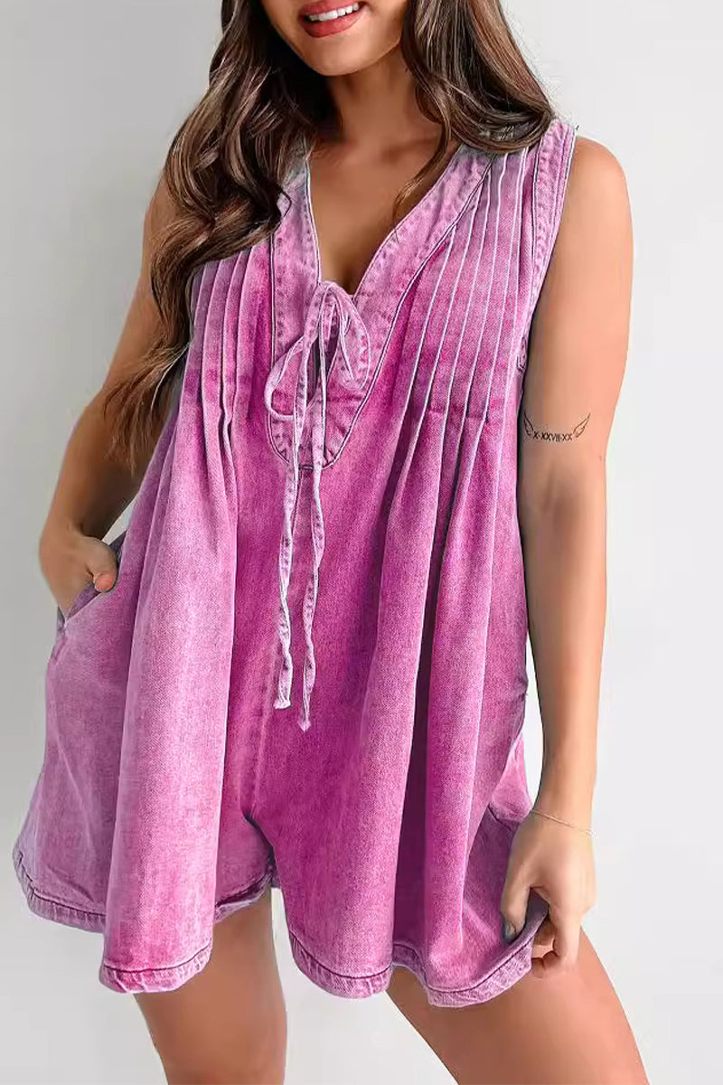 Casual Street Solid Colour Pocket Lace Up V Neck Mouwloze Losse Denim Jumpsuits