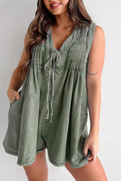 Casual Street Solid Colour Pocket Lace Up V Neck Mouwloze Losse Denim Jumpsuits