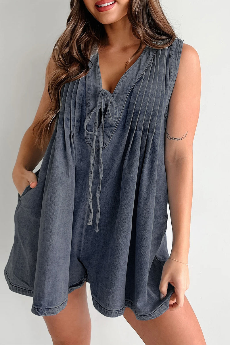 Casual Street Solid Colour Pocket Lace Up V Neck Mouwloze Losse Denim Jumpsuits